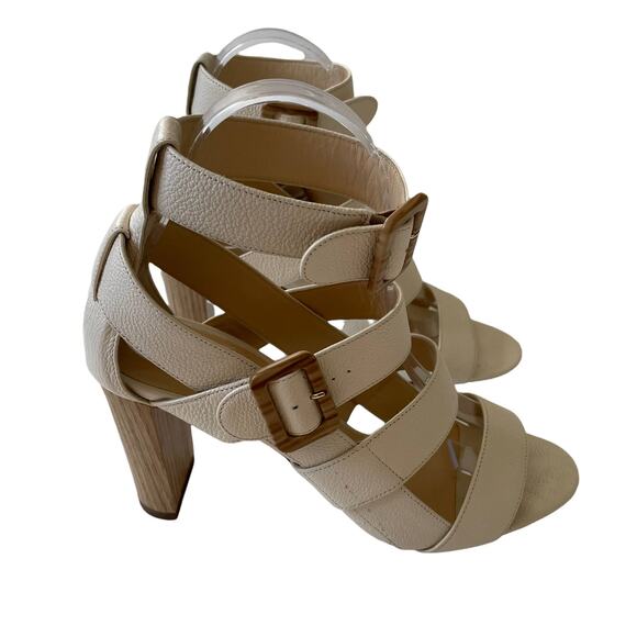 Jimmy Choo Maya 85 Cage Sandal Wood Heel Pebbled Leather Cream 37.5 - Picture 2 of 14